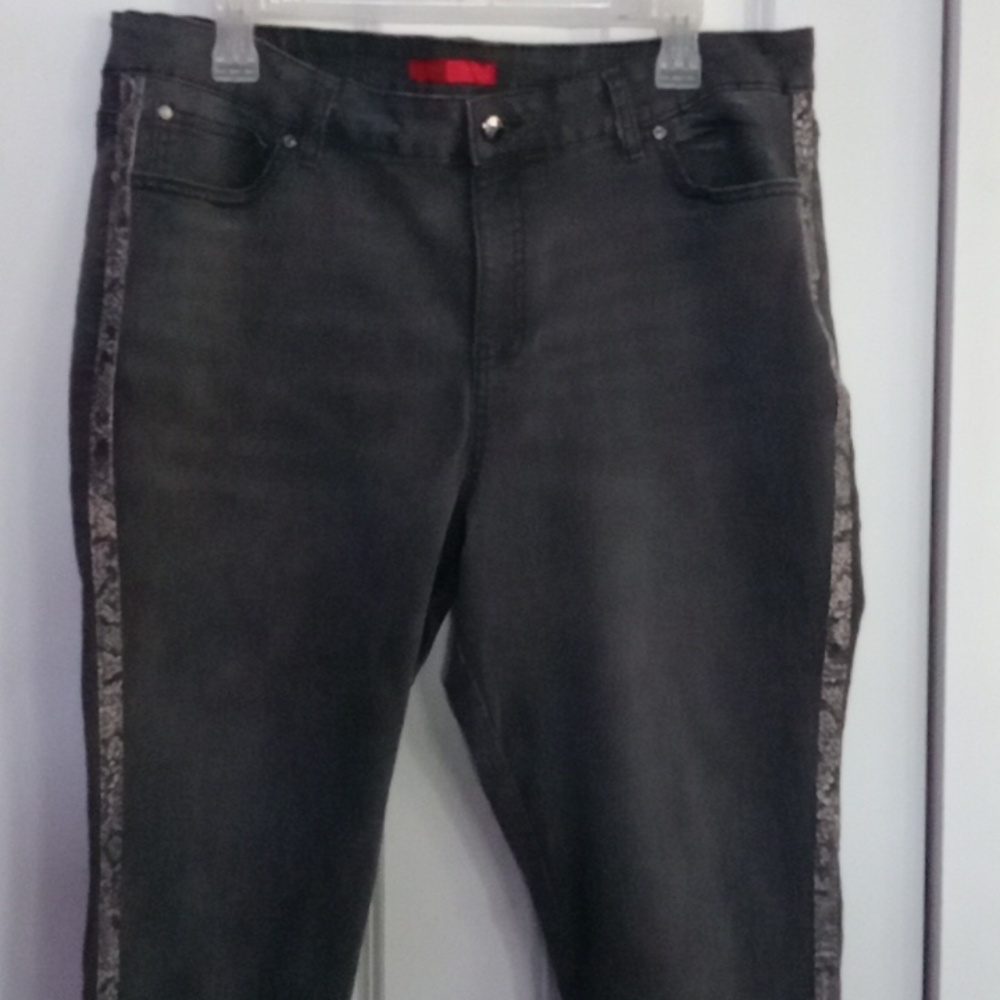 Jennifer Lopez Charcoal Skinny Cropped Jeans with Animal Print Trim